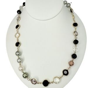 Vintage Black & White Rivoli Beaded Layering Necklace 60" Silver Tone